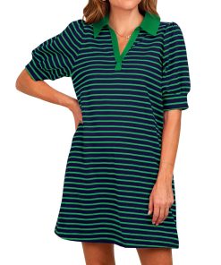 Women's Striped Puff Polo T-shirt Dresses with Pockets (Buy 2 Free Shipping)