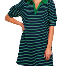 Women's Striped Puff Polo T-shirt Dresses with Pockets (Buy 2 Free Shipping)