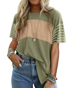 Women's Casual Crewneck Color Block Striped T-shirt (Buy 3 Free Shipping)
