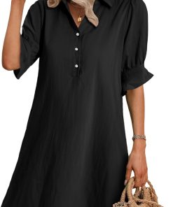 Women's Solid Ruffle Sleeve Button Down Shirt Dress (Buy 2 Free Shipping)