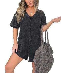 Women's Casual Mineral Washed Tee Romper with Pockets (Buy 2 Free Shipping)