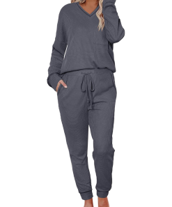 Women's V Neck Waffle Knit Two Piece Lounge Sets (Buy 2 Free Shipping)