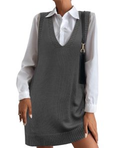 Women's V-Neck Sweater Vest Dress with Pockets (Buy 2 Free Shipping)
