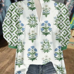 Women's V Neck Puff Sleeve Floral Print Blouse (Buy 2 Free Shipping)