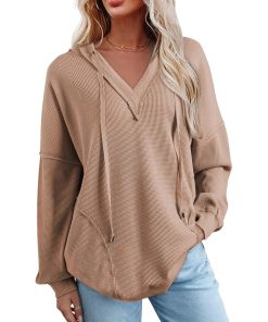 Women's Drawstring V Neck Waffle Hoodie (Buy 2 Free Shipping)