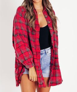 Women's Mineral Washed Button Down Plaid Flannel Shirt (Buy 2 Free Shipping)
