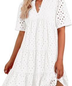 Women's V Neck Short Sleeve Hollow Out Mini Vacation Dress (Buy 2 Free Shipping)