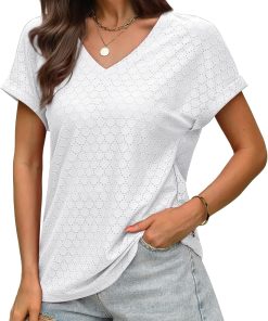 Women's Casual V Neck Short Sleeve Eyelet Tops (Buy 2 Free Shipping)
