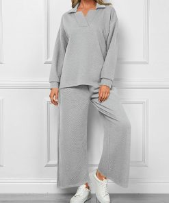 Women's Lapel V Neck Textured Lounge Sets (Buy 2 Free Shipping)