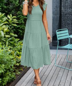 Women's V Neck Ruffle Sleeves Ruched Layered Dress (Buy 2 Free Shipping)