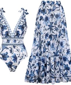 Women's Adjustable Shoulder Floral Print One Piece Swimsuit with Skirt/Sarong (Buy 2 Free Shipping)