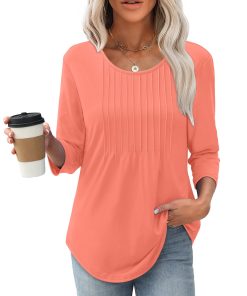 Women's 3/4 Length Sleeve Crewneck Casual Pleated Tunic Tops (Buy 3 Free Shipping)
