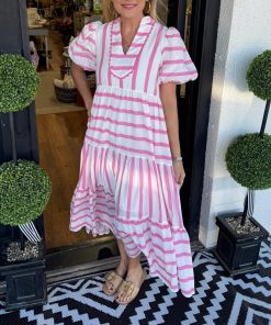 Women's Short Bubble Sleeve Striped Dress With Pockets (Buy 2 Free Shipping)