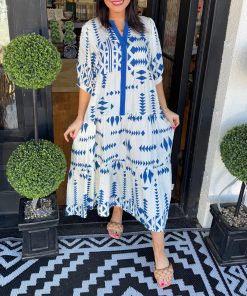 Women's Button V Neck Geometric Print Dress (Buy 2 Free Shipping)