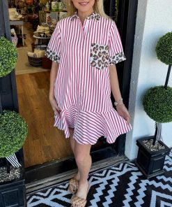 Women's Striped Animal Print Contrast Button Down Dress (Buy 2 Free Shipping)