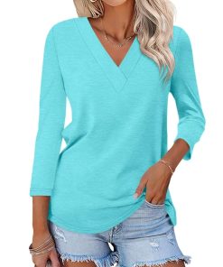 Women's 3/4 Length Sleeves V Neck Basic Tops (Buy 3 Free Shipping)