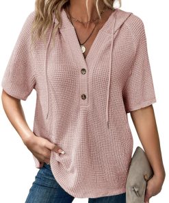 Women's Waffle Knit Button V Neck Short Sleeve Hoodie (Buy 2 Free Shipping)