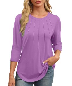 Women's 3/4 Sleeve Pleated Curved Hem Tunic Tops (Buy 3 Free Shipping)