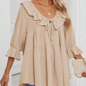 Women's 3/4 Sleeve Tie-Front Ruffled Babydoll Blouse (Buy 2 Free Shipping)