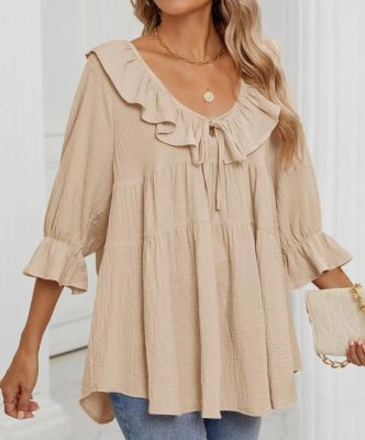 Women's 3/4 Sleeve Tie-Front Ruffled Babydoll Blouse (Buy 2 Free Shipping)